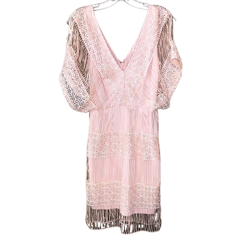 Soieblu Womens Dress Size S Beige V-Neck Lined Short Sleeve Embroidered